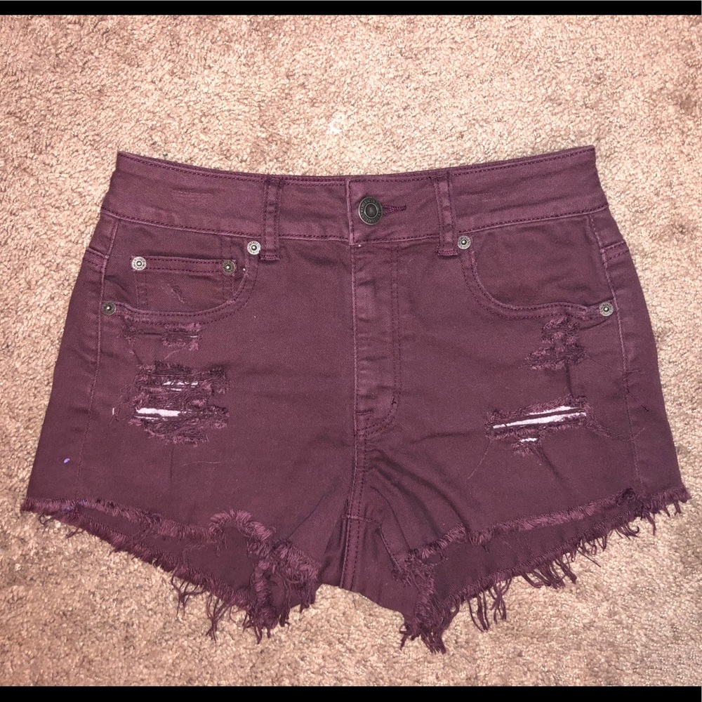 AE HIGH-WAISTED MAROON DENIM SHORTS